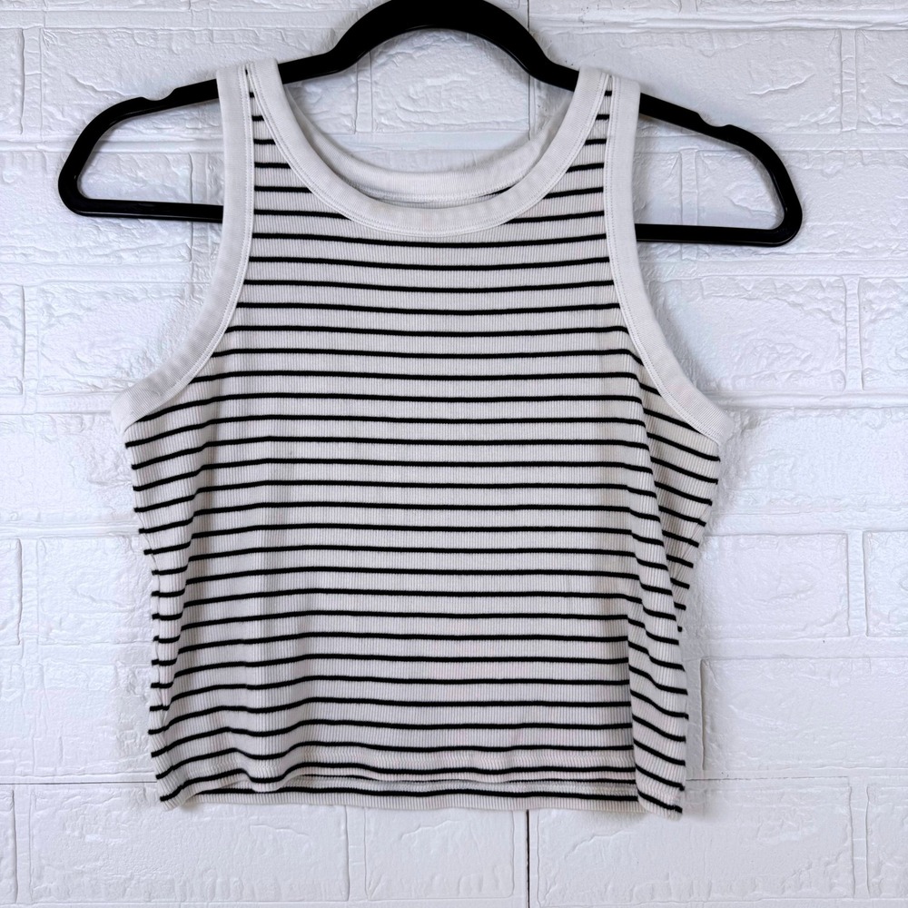 Uniqlo Tank Top Women Size S White Black Striped Ribbed Knit Cropped Tank